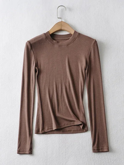 2025 Women Clothing Cotton Kintted Tops Casual Slim Elastic O-neck Full-sleeve T-shirt
