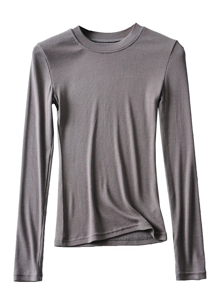 2025 Women Clothing Cotton Kintted Tops Casual Slim Elastic O-neck Full-sleeve T-shirt