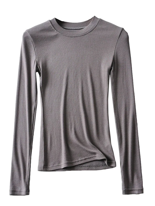 2025 Women Clothing Cotton Kintted Tops Casual Slim Elastic O-neck Full-sleeve T-shirt