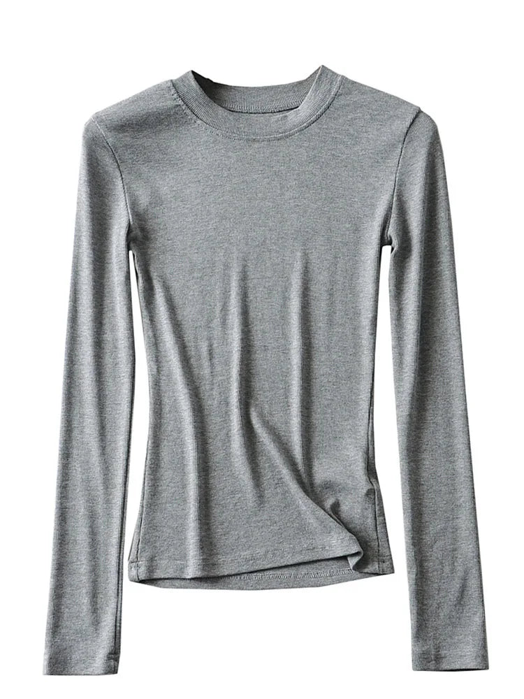 2025 Women Clothing Cotton Kintted Tops Casual Slim Elastic O-neck Full-sleeve T-shirt