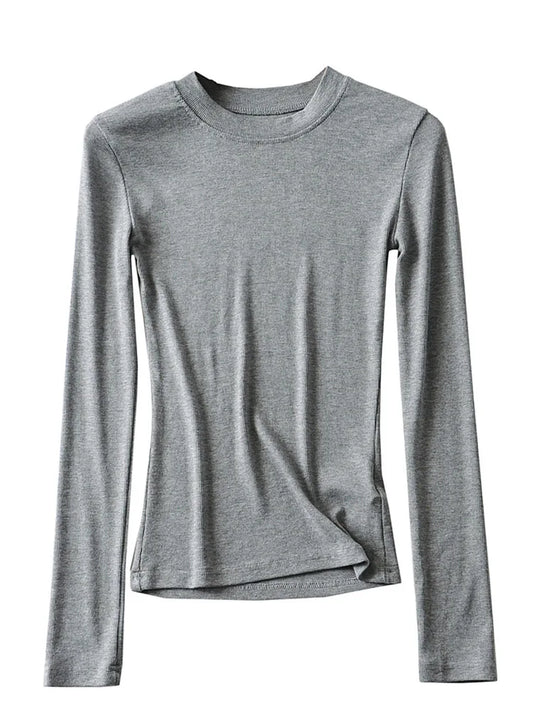 2025 Women Clothing Cotton Kintted Tops Casual Slim Elastic O-neck Full-sleeve T-shirt