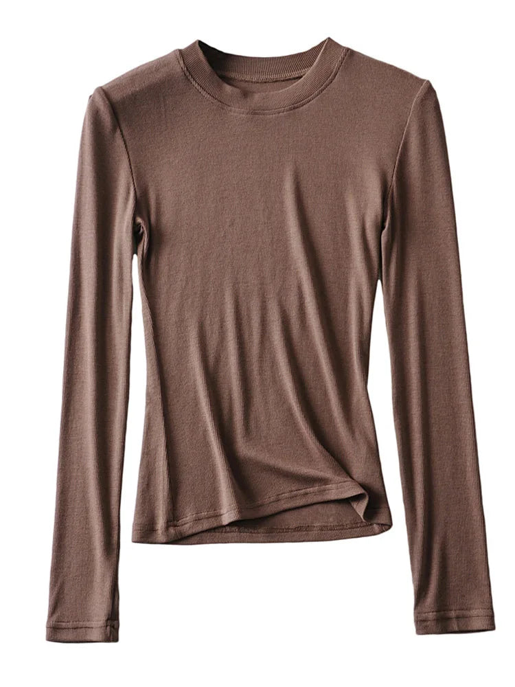 2025 Women Clothing Cotton Kintted Tops Casual Slim Elastic O-neck Full-sleeve T-shirt