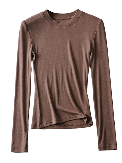 2025 Women Clothing Cotton Kintted Tops Casual Slim Elastic O-neck Full-sleeve T-shirt