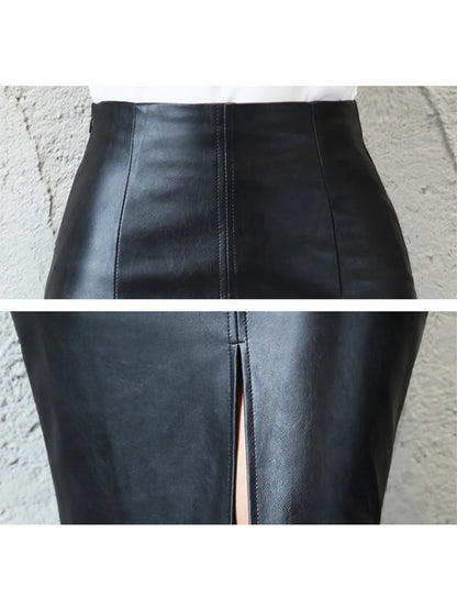2025 Women PU Leather Midi Skirt Autumn Winter Ladies Package Hip Front or Back Slit Pencil Skirt