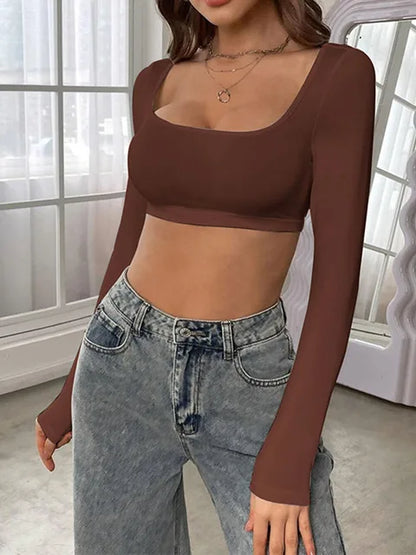 Camiseta deportiva de manga larga de punto corto y elástico para mujer 2025
