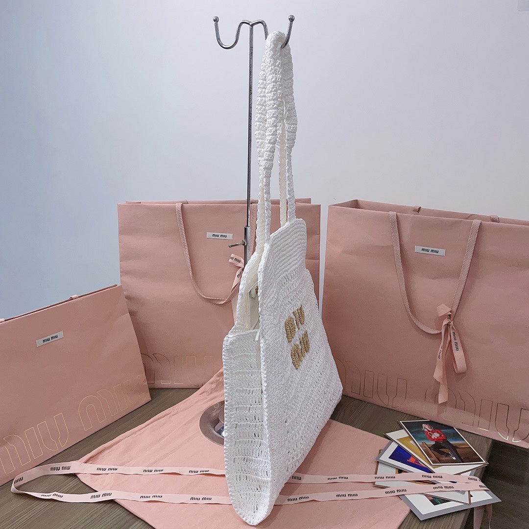 miu tote bag 38cm white woven fabric