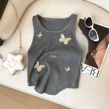 Miu Butterfly Embroidered Ribbed Tank Top
