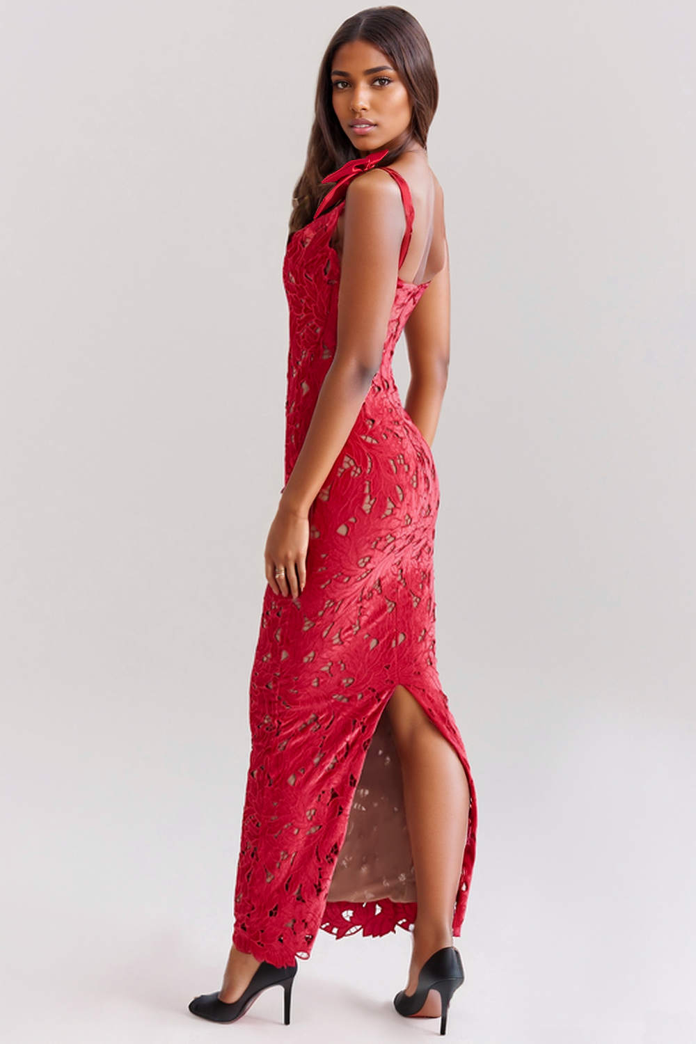 Veronica Bow Strap Embroidered Lace Maxi Dress