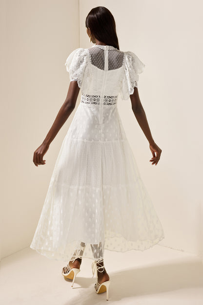 Vestido midi con volantes de encaje de malla 