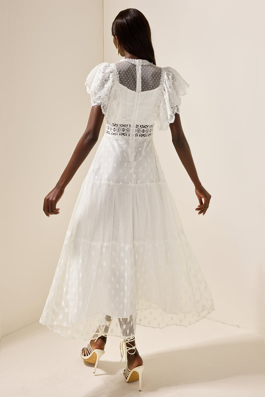 Vestido midi con volantes de encaje de malla 