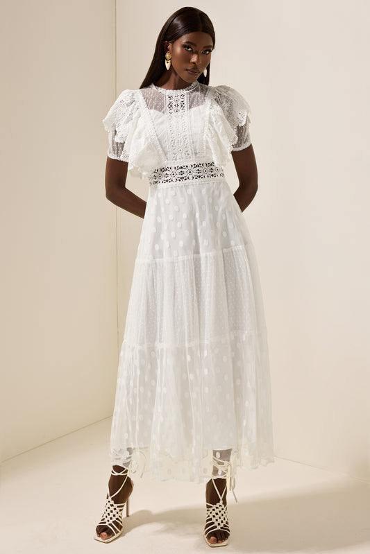 Vestido midi con volantes de encaje de malla 