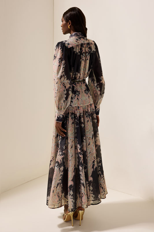 Paisley Print Lantern Sleeve Maxi Dress With Belt