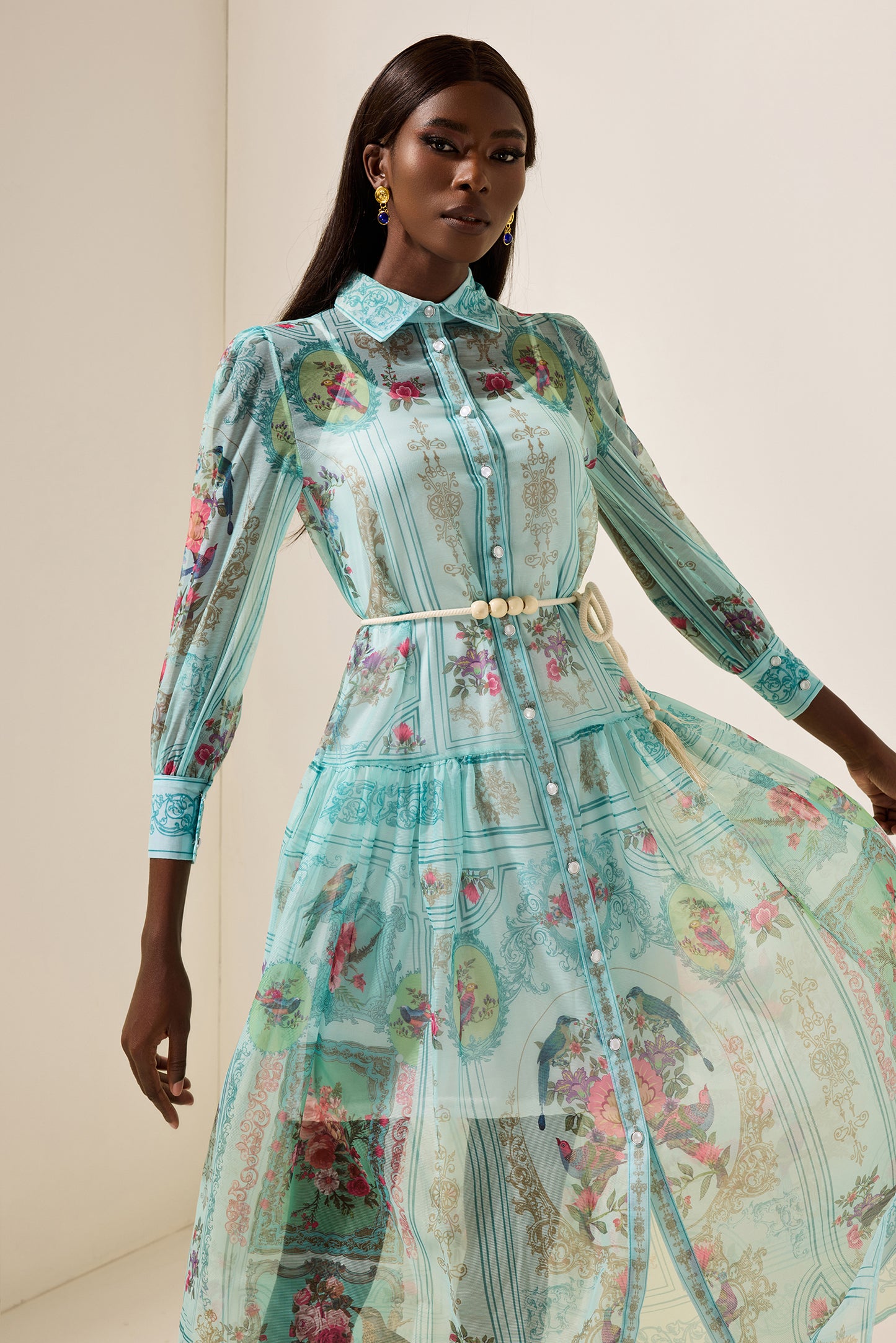 Shirt Collar Floral Lantern Sleeve Midi Dress
