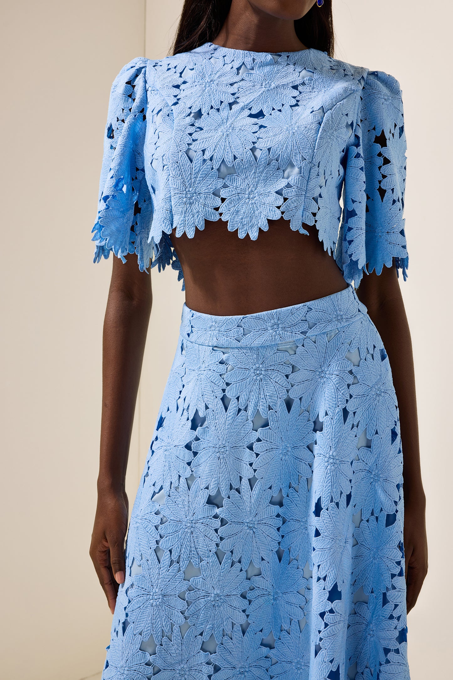 Conjunto de top liso bordado y falda bordada de cintura media