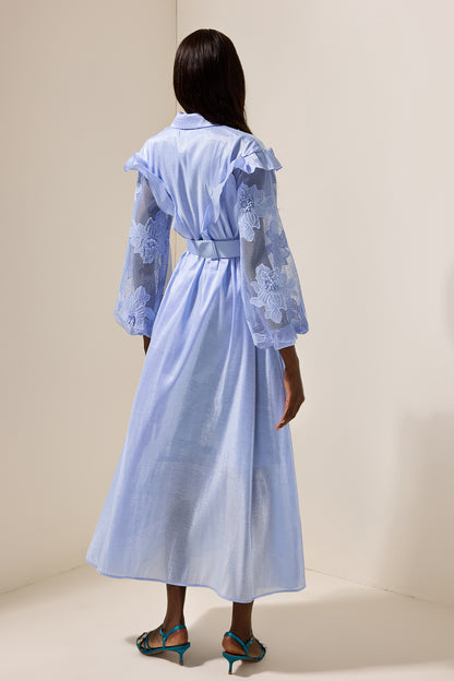 Vestido midi de encaje liso con volantes y cinturón 