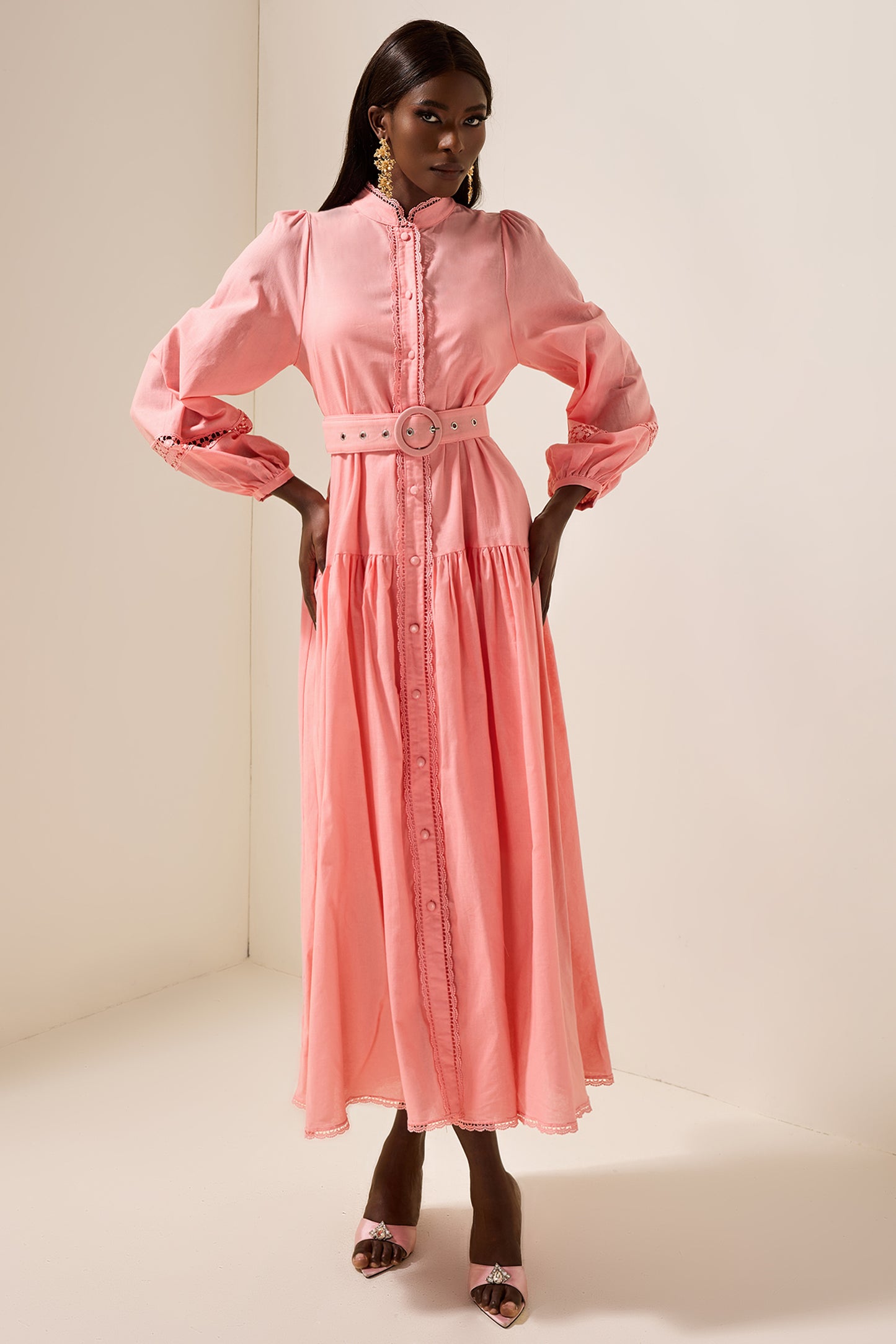 Solid Lantern Sleeve With Belt Midi Dress