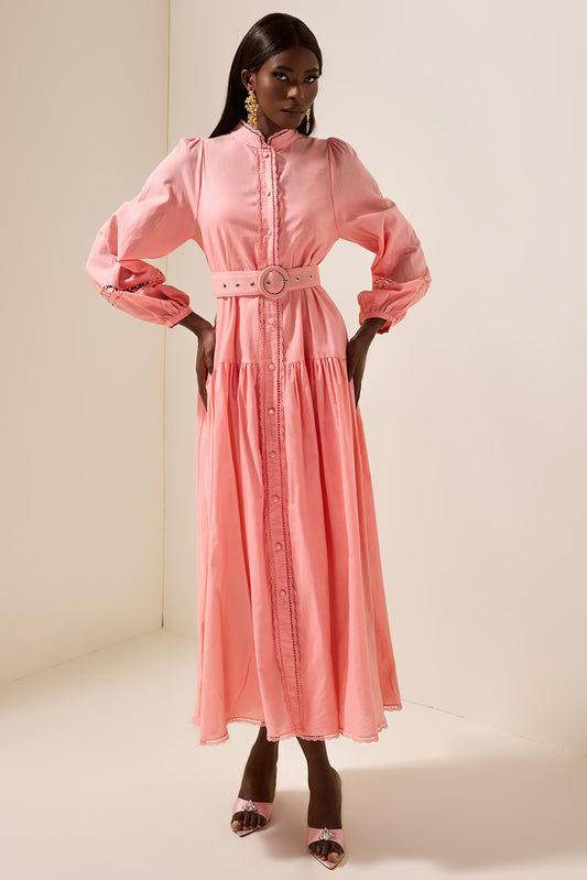 Vestido midi liso con mangas farol y cinturón 