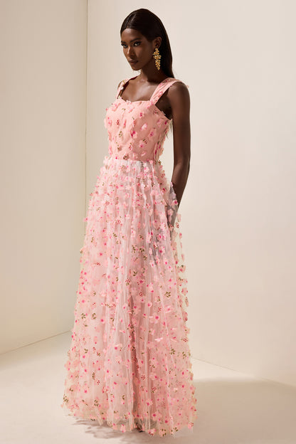 Vestido largo sin mangas de malla floral 3D 