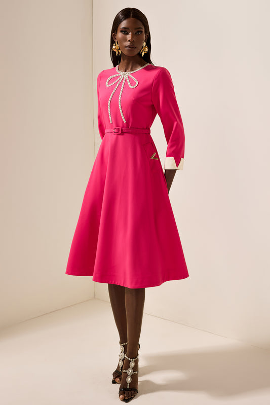 Solid Rhinestone Midi Dress With Belt