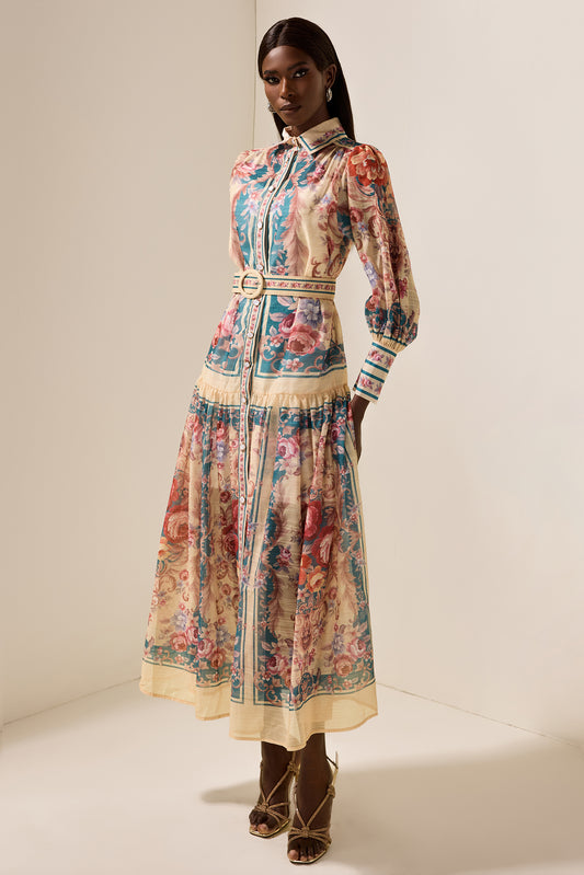 Shirt Collar Floral Lantern Sleeve Midi Dress
