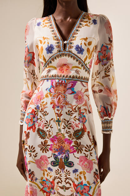 Floral Lantern Sleeve V-Neck Midi Dress
