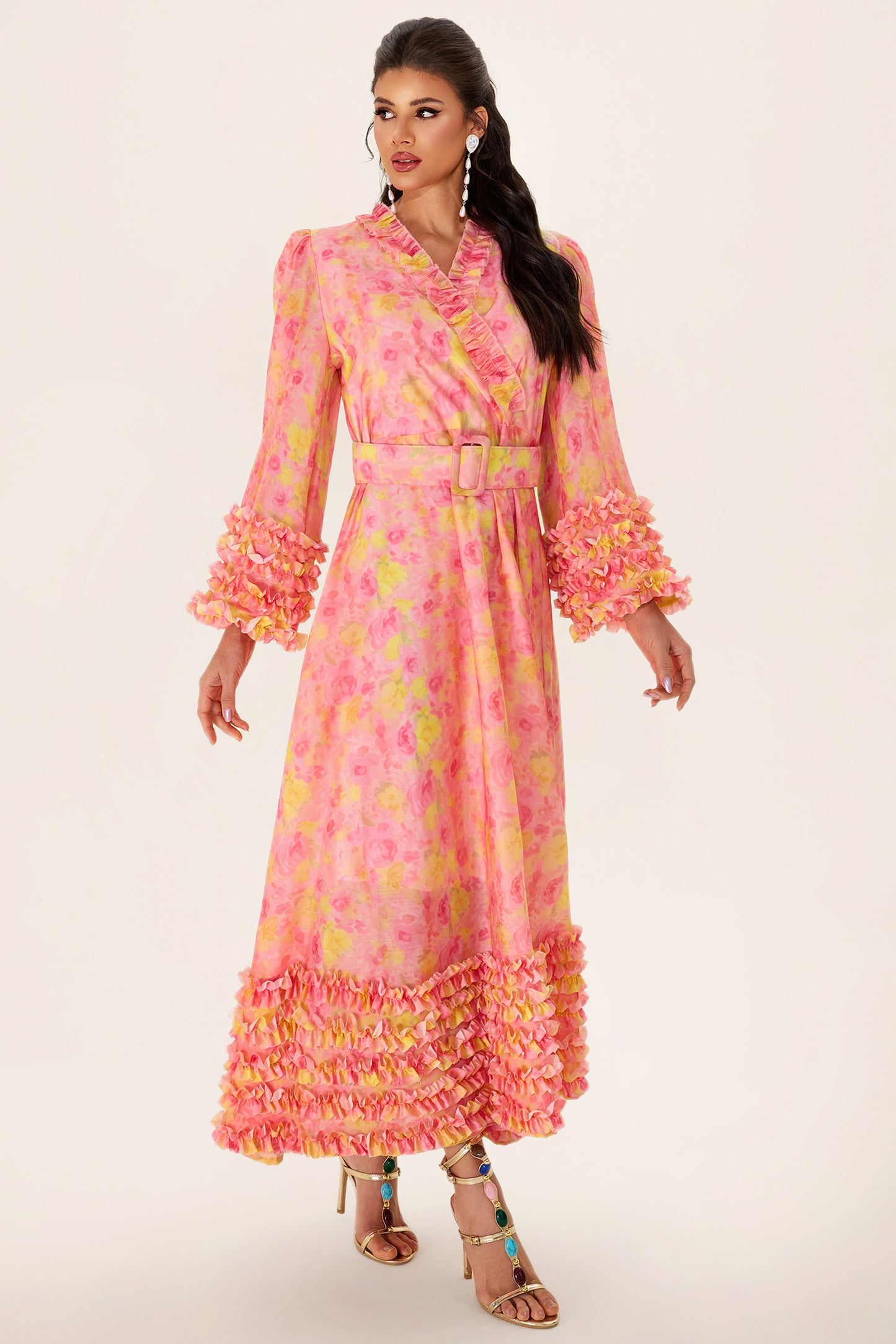 Floral Long Sleeve V-Neck Midi Dress With Belt