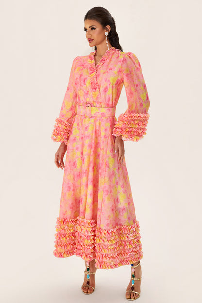 Floral Long Sleeve V-Neck Midi Dress With Belt