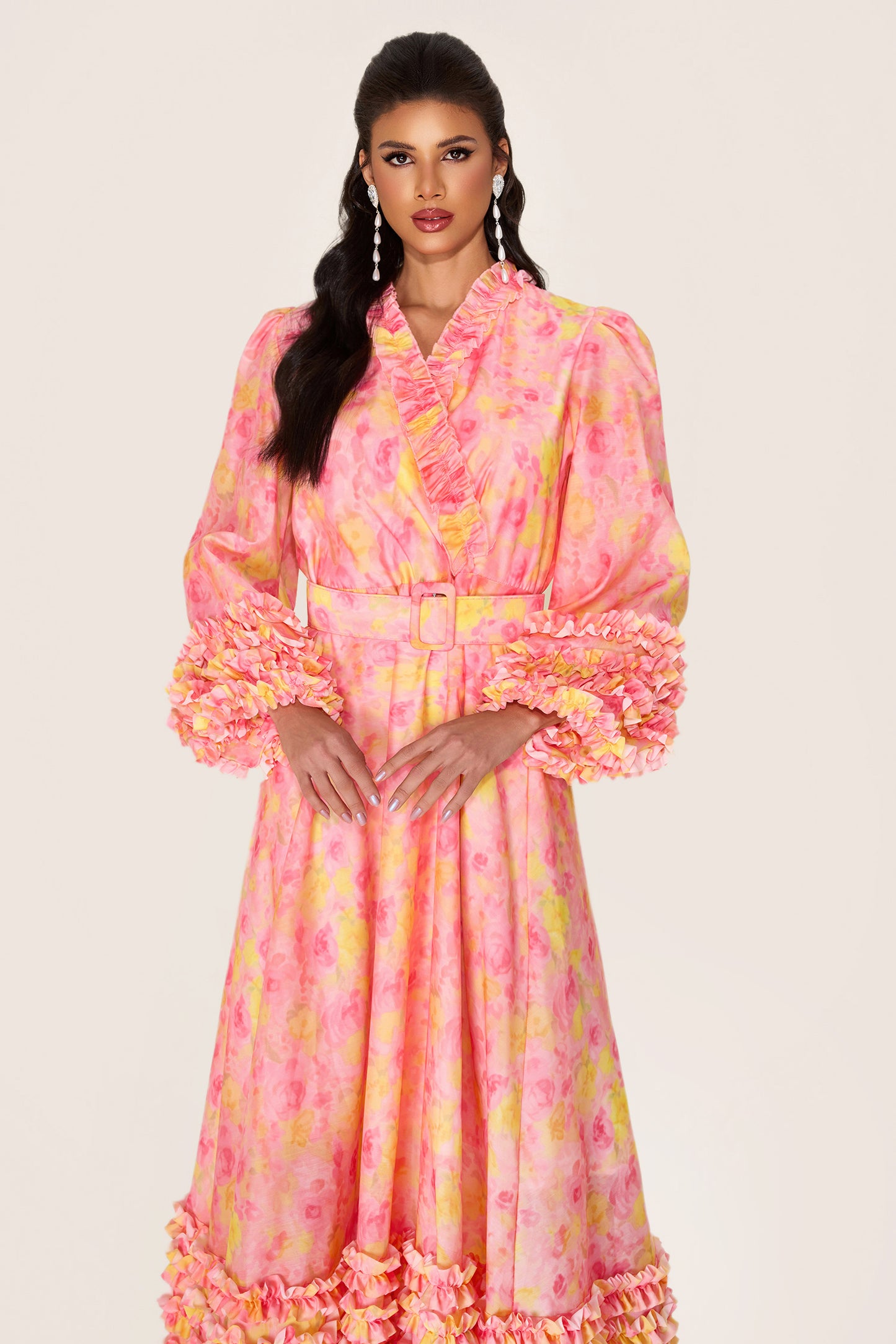 Floral Long Sleeve V-Neck Midi Dress With Belt
