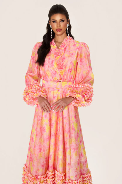 Floral Long Sleeve V-Neck Midi Dress With Belt