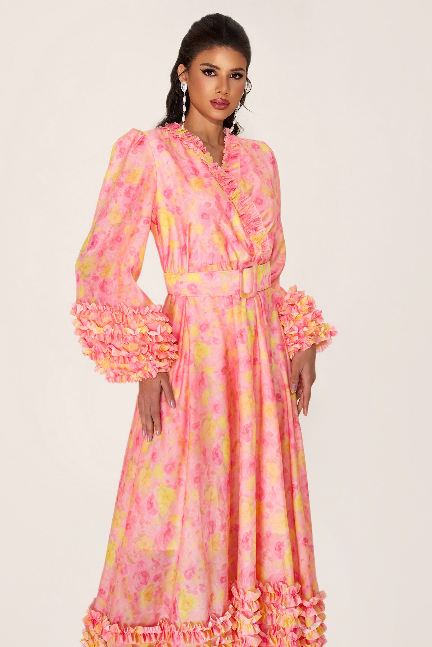Floral Long Sleeve V-Neck Midi Dress With Belt