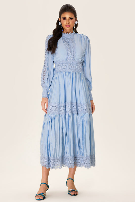 Vestido midi liso con mangas farol y encaje 