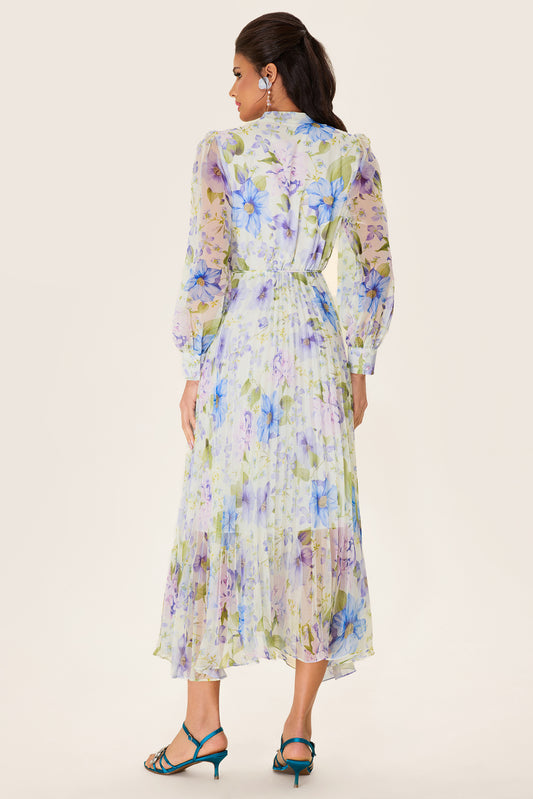 Vestido midi de gasa plisado con flores 