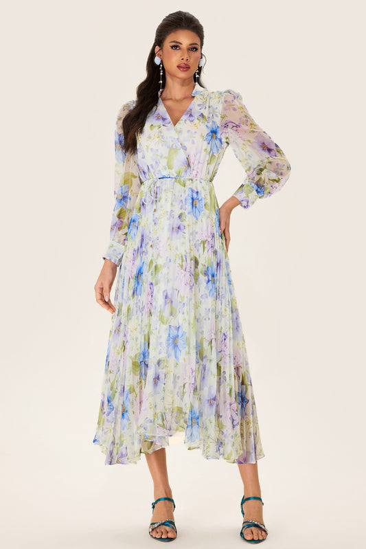 Vestido midi de gasa plisado con flores 
