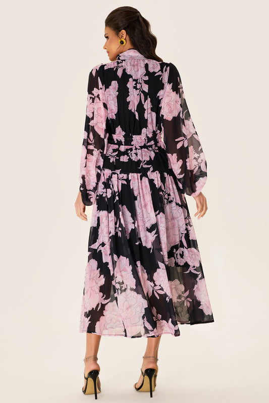 Vestido midi fruncido de manga larga con estampado floral 