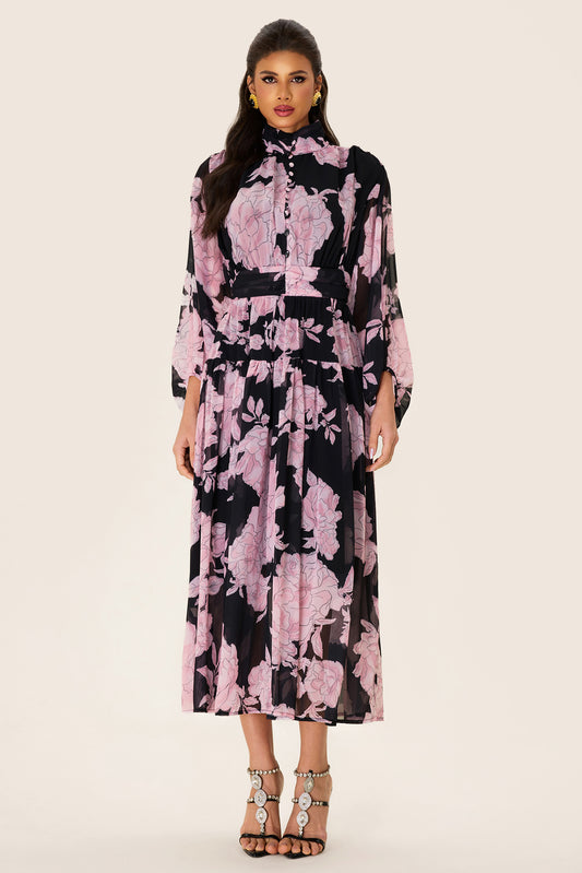 Vestido midi fruncido de manga larga con estampado floral 