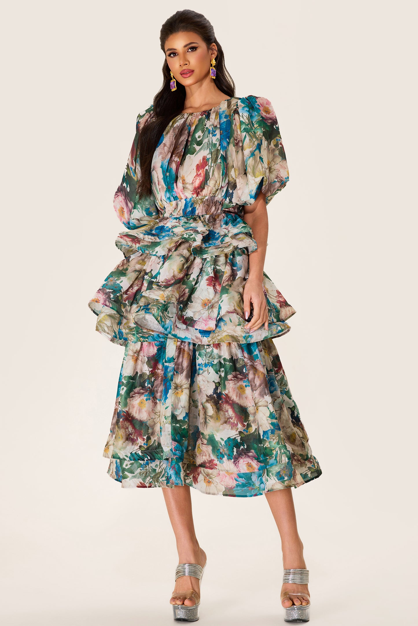 Floral Puff Sleeve Tiered Midi Dress