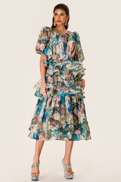 Floral Puff Sleeve Tiered Midi Dress