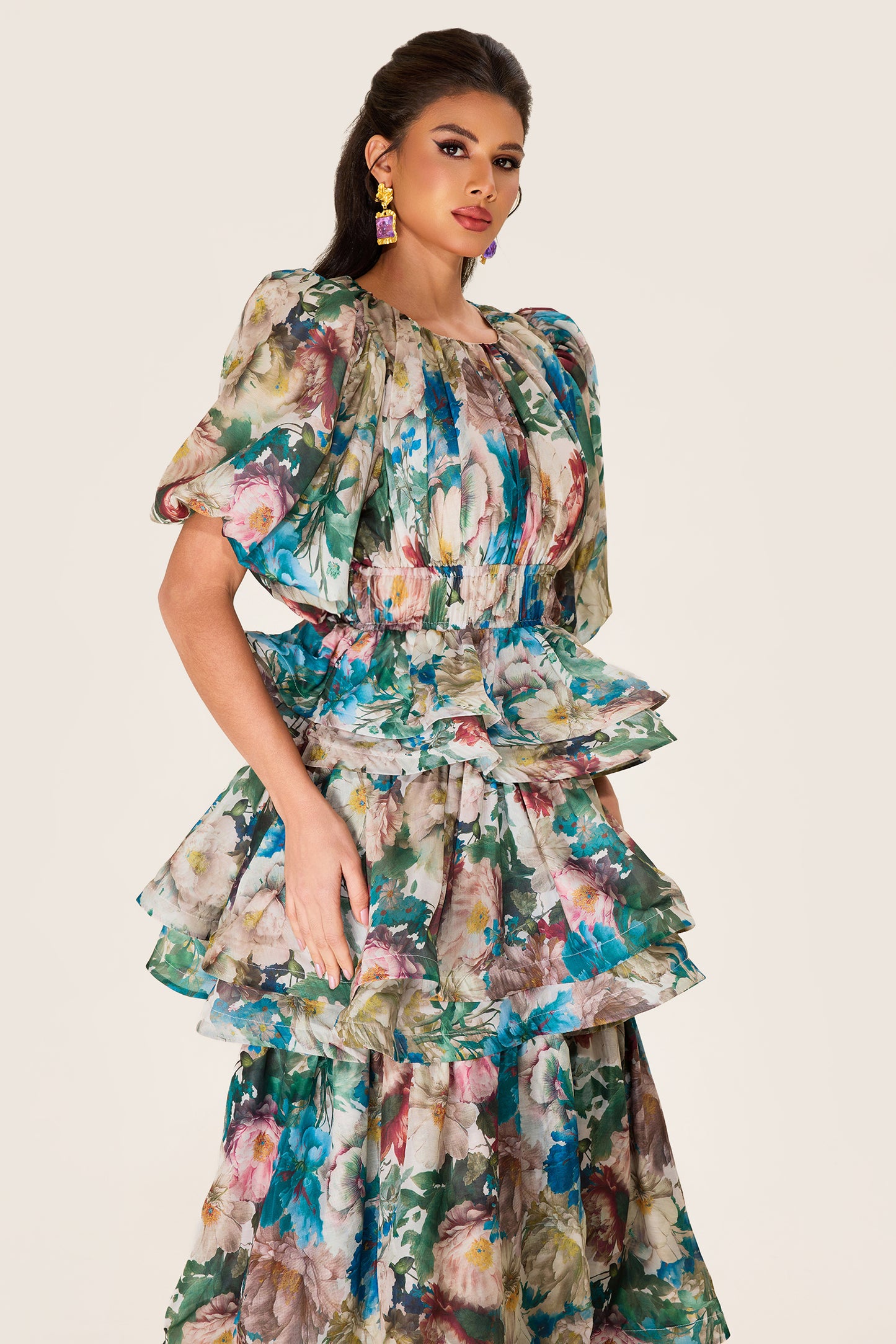 Floral Puff Sleeve Tiered Midi Dress