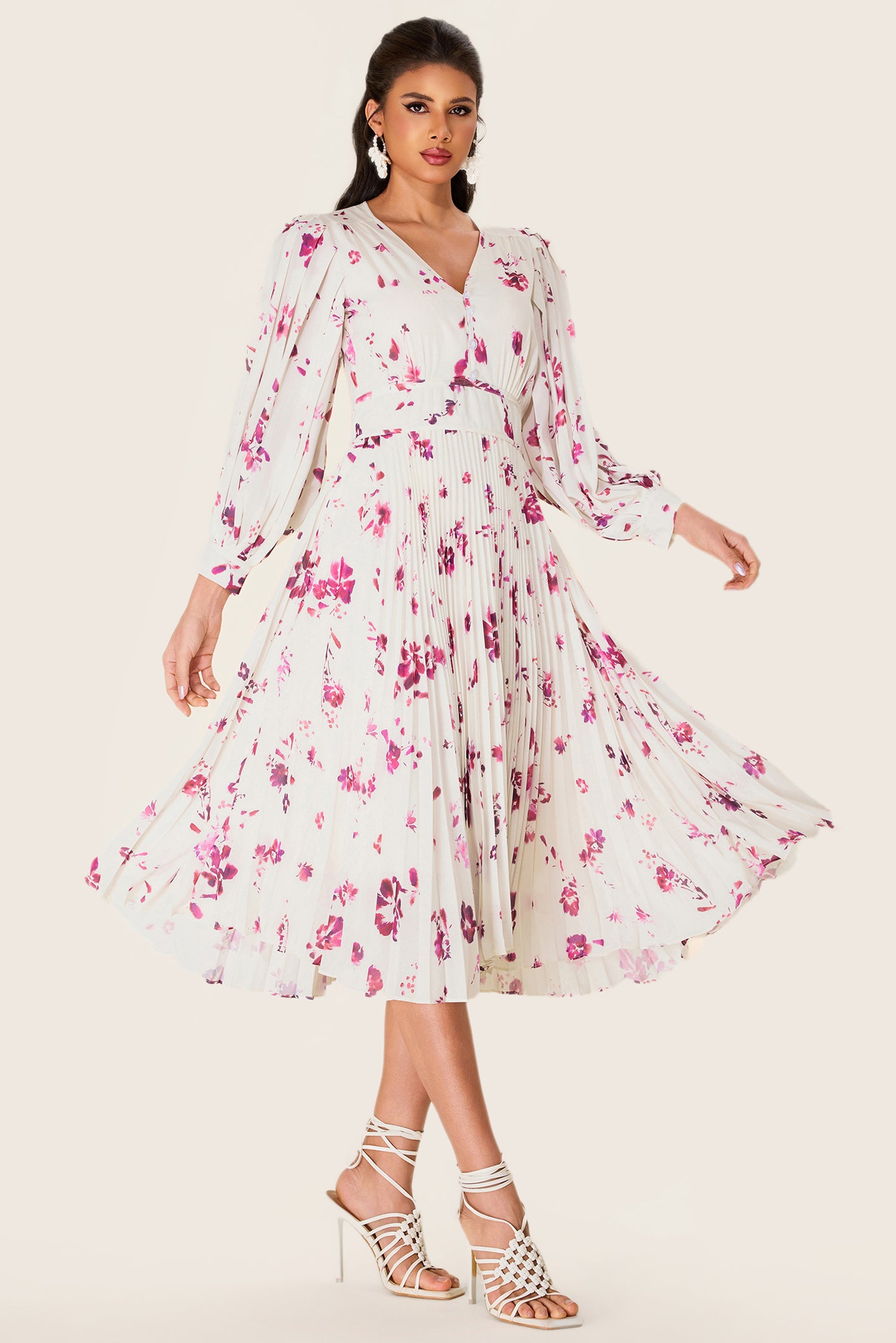 Vestido midi de gasa con cuello en V y estampado floral 