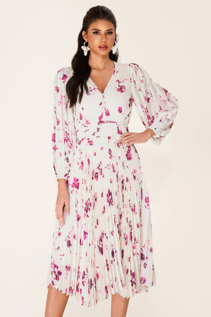 Vestido midi de gasa con cuello en V y estampado floral 