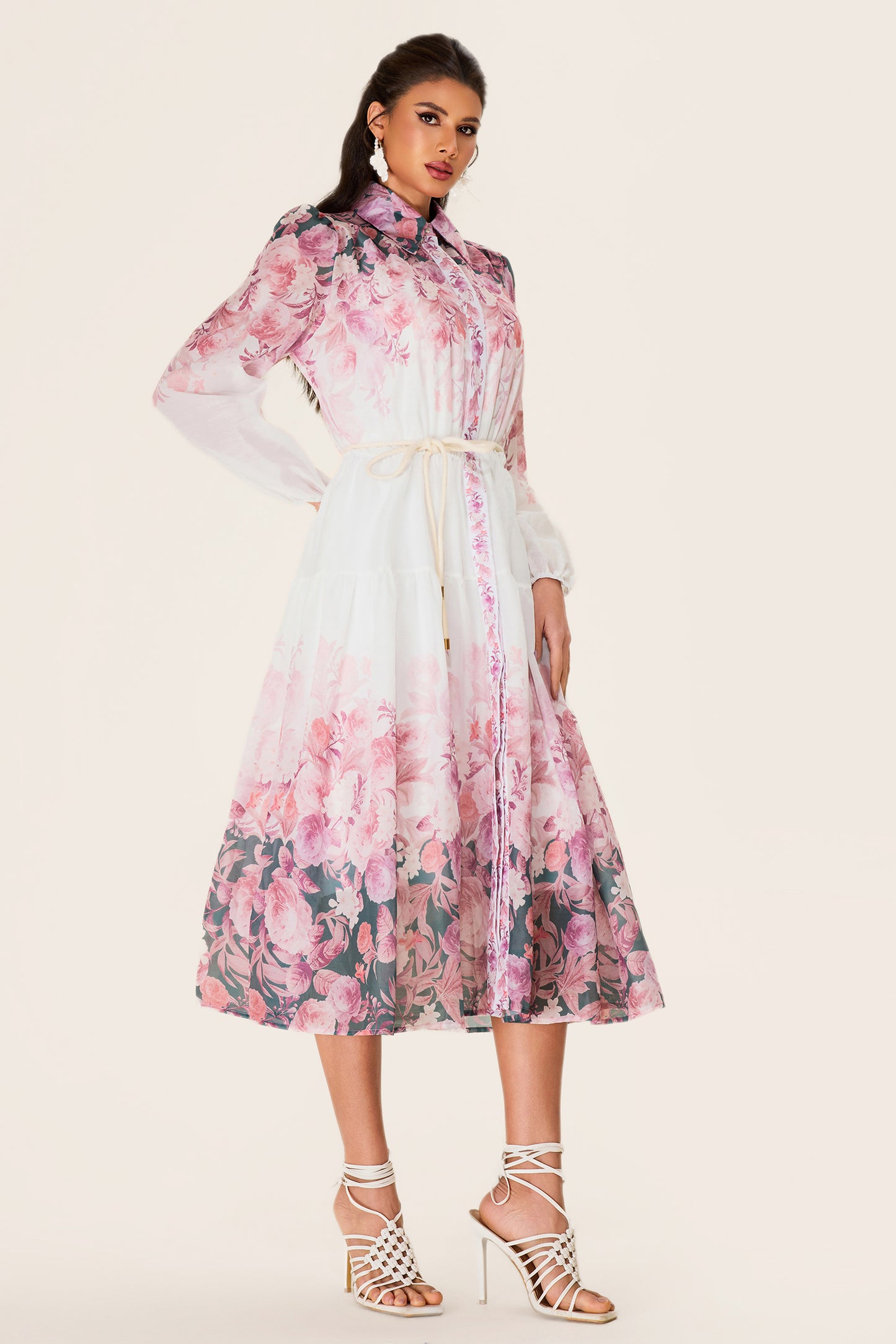 Floral Shirt Collar Long Sleeve Midi Dress