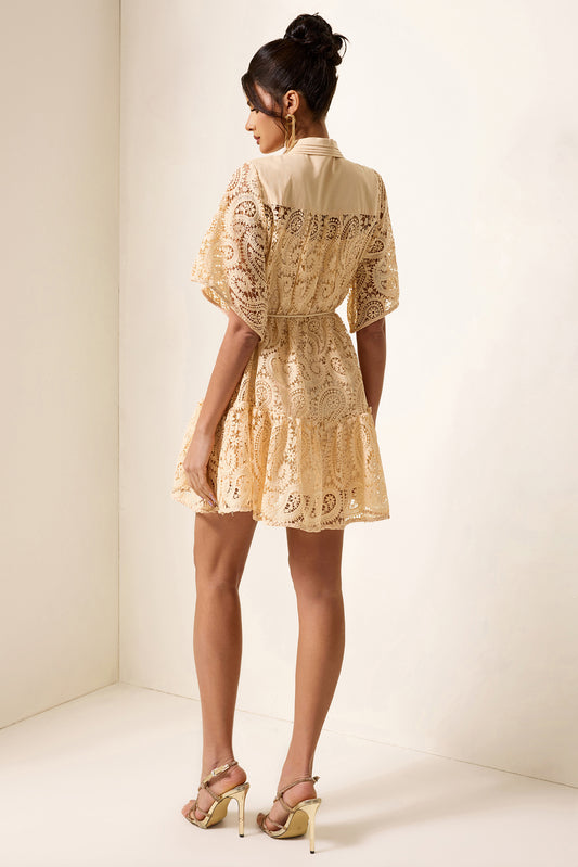 Minivestido de cuello camisero con encaje liso 