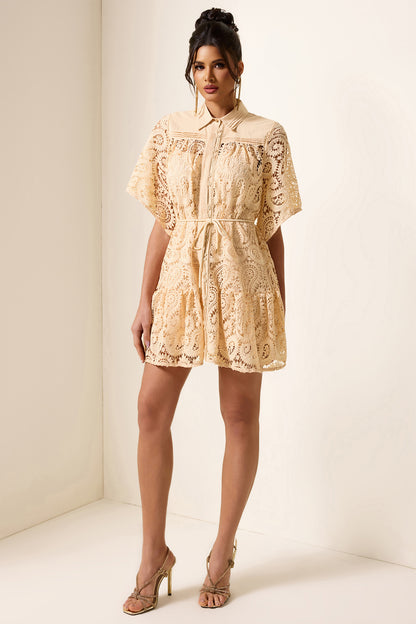 Solid Lace Shirt Collar Mini Dress