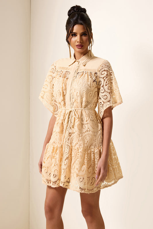 Minivestido de cuello camisero con encaje liso 