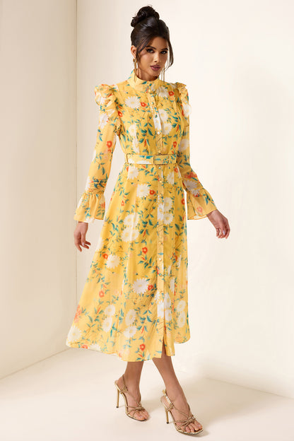 Vestido midi con mangas de mariposa y volantes florales con cinturón 