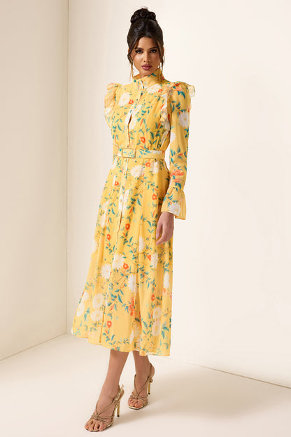 Vestido midi con mangas de mariposa y volantes florales con cinturón 