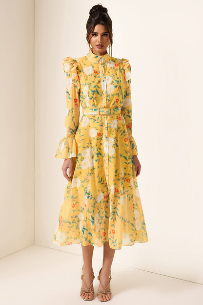Vestido midi con mangas de mariposa y volantes florales con cinturón 