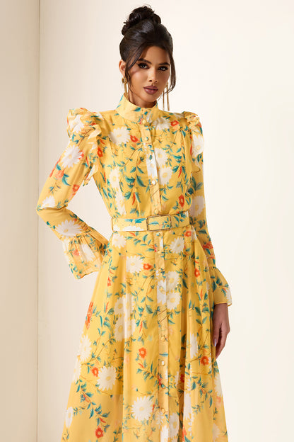 Vestido midi con mangas de mariposa y volantes florales con cinturón 