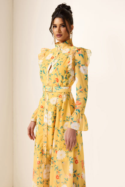 Vestido midi con mangas de mariposa y volantes florales con cinturón 