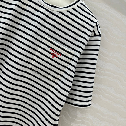 Prada Striped Short-sleeved T-shirt Black mix White Cotton